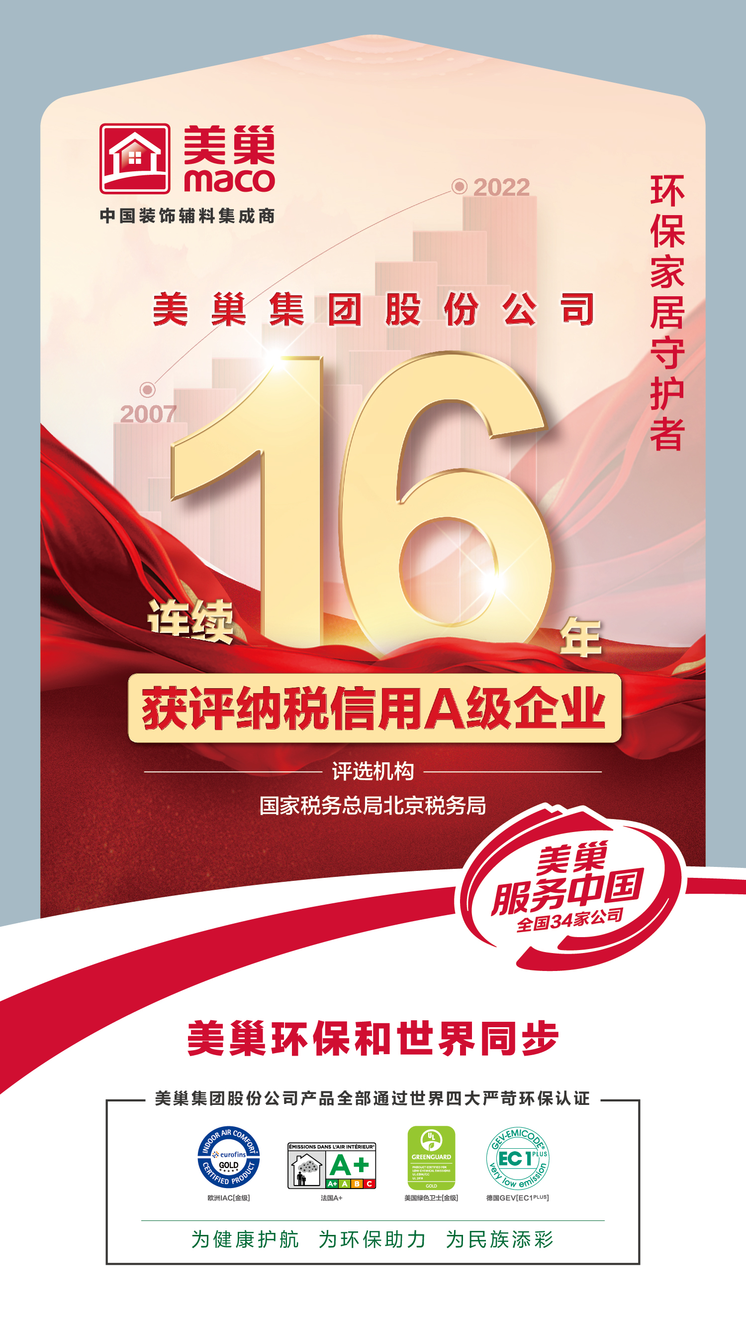 厚植誠(chéng)信文化，美巢連續(xù)16年獲評(píng)納稅信用A級(jí)企業(yè)